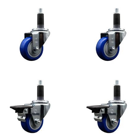 Service Caster 3'' Blue Poly Wheel Swivel 1-1/8'' Expanding Stem Caster Set 2 Brakes, 4PK SCC-EX20S314-PPUB-BLUE-2-PLB-2-118